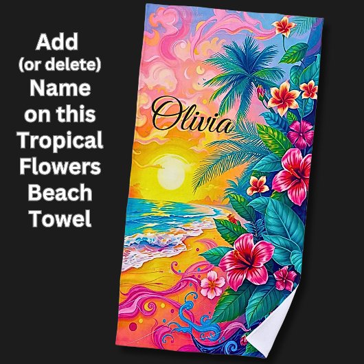 Serviette De Plage Ajouter un nom Fleurs tropicales roses au coucher