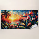 Serviette De Plage Ajouter Un Nom Fleurs Tropicales Roses Oranges Pal (Devant)