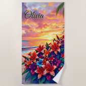 Serviette De Plage Ajouter un nom Fleurs tropicales sur le sable (Devant)