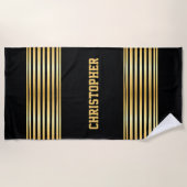 Serviette De Plage Ajouter un nom, Grilles d'or sur noir (Devant)