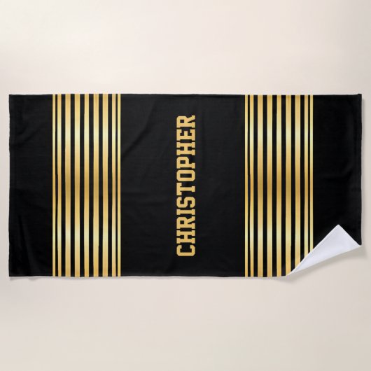 Serviette De Plage Ajouter un nom, Grilles d'or sur noir (Devant)