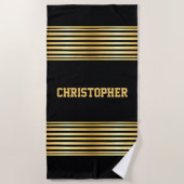 Serviette De Plage Ajouter un nom, Grilles d'or sur noir (Devant)