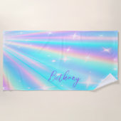 Serviette De Plage Ajouter un nom, Holographique Look Starburst Aqua  (Devant)