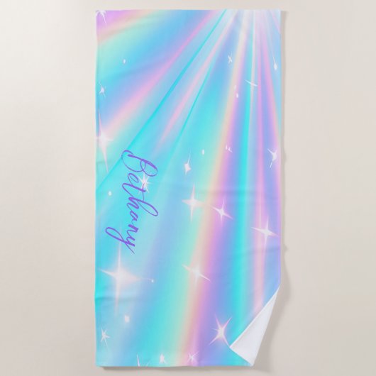 Serviette De Plage Ajouter un nom, Holographique Look Starburst Aqua  (Devant)