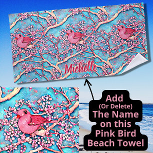 Serviette De Plage Ajouter un nom, Lovebirds roses dans l'arbre en fl