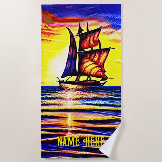 Serviette De Plage Ajouter un nom, navire à voile Abstrait avec voile (Devant)