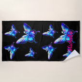 Serviette De Plage Ajouter un nom, Papillons bleus Iridescente sur le (Devant)