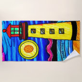 Serviette De Plage Ajouter un nom, phare au soleil, rouge jaune bleu (Devant)