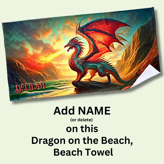 Serviette De Plage Ajouter un nom, Red Fire Brething Dragon sur Cliff