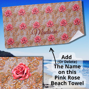 Serviette De Plage Ajouter un nom, Rose Roses en dentelle or