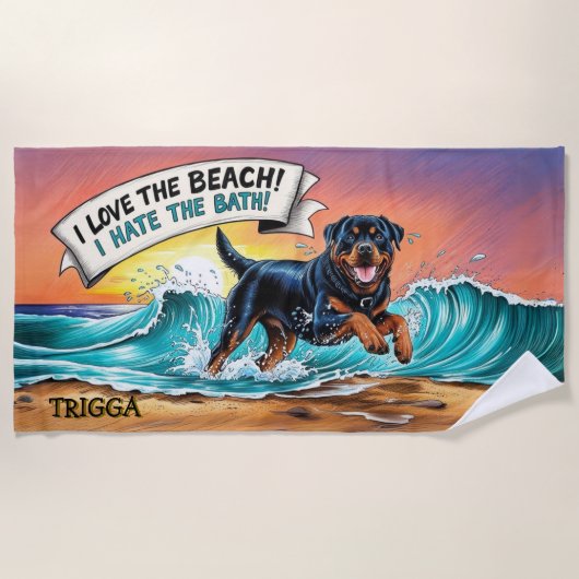 Serviette De Plage Ajouter un nom, Rottweiler Chien courant dans des  (Devant)