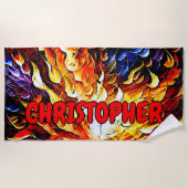 Serviette De Plage Ajouter un nom, Rouge Orange Blue Fire Flames Beac (Devant)