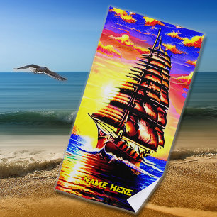 Serviette De Plage Ajouter un nom, Stylisé Abstrait bateau à voile pi