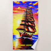 Serviette De Plage Ajouter un nom, Stylisé Abstrait bateau à voile pi (Devant)