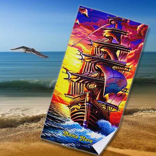 Serviette De Plage Ajouter un nom, Stylisé Brown Pirate Voilier