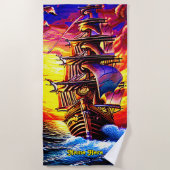 Serviette De Plage Ajouter un nom, Stylisé Brown Pirate Voilier (Devant)