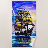 Serviette De Plage Ajouter un nom, Stylisé Brown Pirate Voilier bleu (Devant)