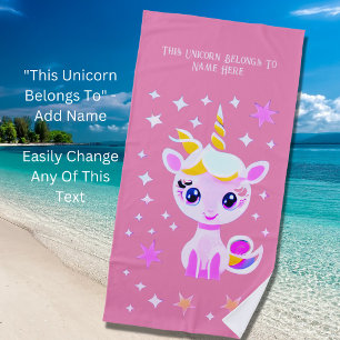Serviette De Plage Ajouter un nom Texte, Bébé licorne avec étoiles su