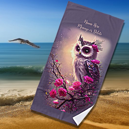 Serviette De Plage Ajouter un nom Texte, Chouette pourpre et Fleurs r