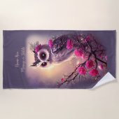 Serviette De Plage Ajouter un nom Texte, Chouette pourpre et Fleurs r (Devant)