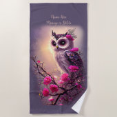 Serviette De Plage Ajouter un nom Texte, Chouette pourpre et Fleurs r (Devant)