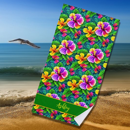 Serviette De Plage Ajouter un nom Texte Hibiscus tropical Feuille de