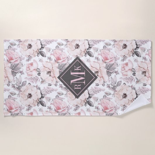 Serviette De Plage Ajouter votre monogramme| Motif rose et gris class (Devant)