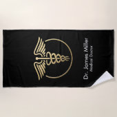 Serviette De Plage Ajouter Votre Nom Médicale Caduceus Symbole Black  (Devant)