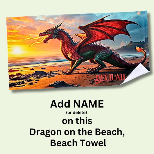 Serviette De Plage Ajoutez Nom, Dragon Respirant Feu sur la Plage,