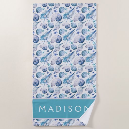 Serviette De Plage Ajoutez vos coquilles nommées d'aquarelle de | (Devant)