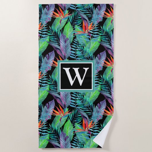 Serviette De Plage Ajoutez votre oiseau d'aquarelle du monogramme | (Devant)