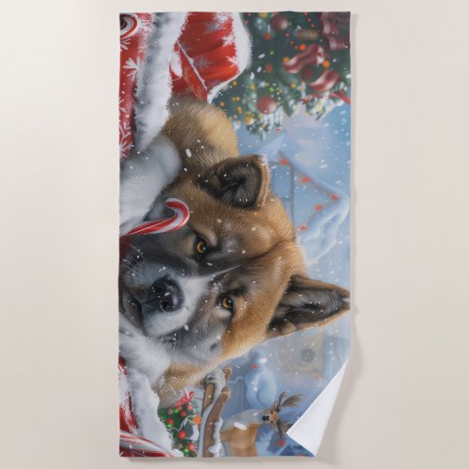 Serviette De Plage Akita Chien Festive de Noël (Devant)