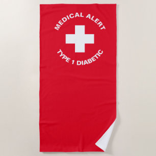 Serviette De Plage Alerte Médicale personnalisée rouge diabétique
