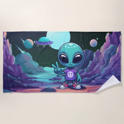 Serviette De Plage Alien de paix mignon et vaisseau spatial (Devant)