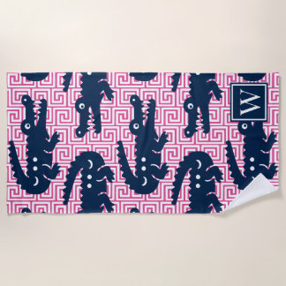 Serviette De Plage Alligator Prépa Clé Grecque - Monogramme Rose & Nu