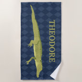Serviette De Plage Alligator Vert, Arrière - plan bleu marine Personn (Devant)