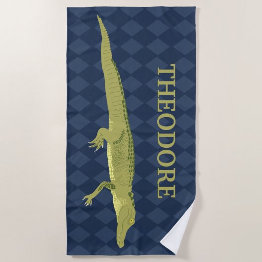 Serviette De Plage Alligator Vert, Arrière - plan bleu marine Personn (Devant)