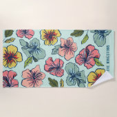 Serviette De Plage Aloha fleurs hawaïennes et nom de famille (Devant)