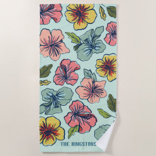 Serviette De Plage Aloha fleurs hawaïennes et nom de famille
