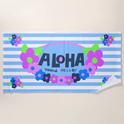 Serviette De Plage Aloha Signifie Bonjour Floral Hawaïen - Bleu (Devant)