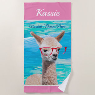 Serviette De Plage Alpaga mignon Lunettes Rouges Personnaliser Nom Me