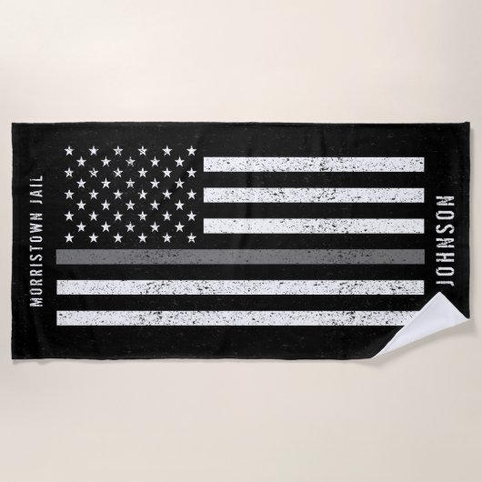 Serviette De Plage American Flag Mince Gris Line Distressed Nom (Devant)