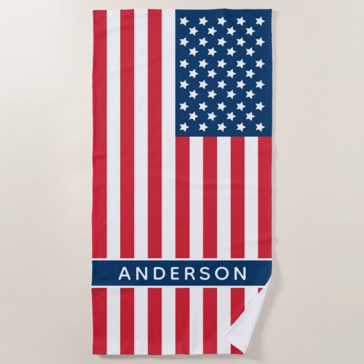 Serviette De Plage American Flag Red White Blue Custom Monogramme Nom (Devant)