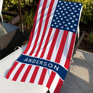 Serviette De Plage American Flag Red White Blue Custom Monogramme Nom