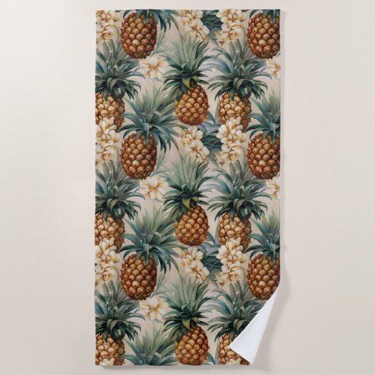 Serviette De Plage Ananas à fleurs blanches tropicales (Devant)