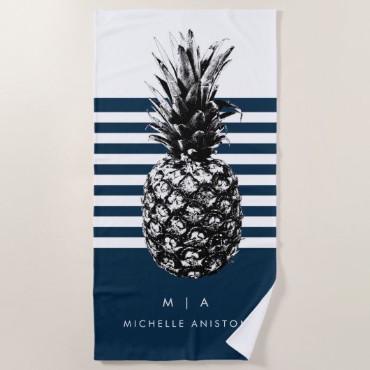Serviette De Plage Ananas à rayures blanc et marine | Monogramme pers (Devant)