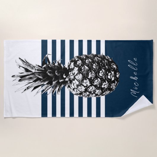Serviette De Plage Ananas à rayures blanc et marine | Personnalisé (Devant)