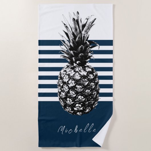 Serviette De Plage Ananas à rayures blanc et marine | Personnalisé (Devant)