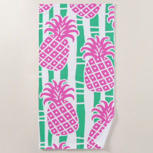 Serviette De Plage Ananas Bambou rayures rose et Motif vert
