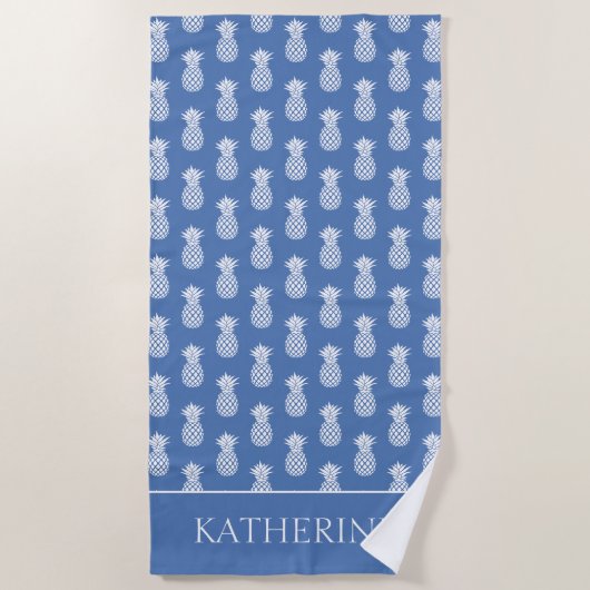 Serviette De Plage Ananas blanc chic sur fond bleu (Devant)